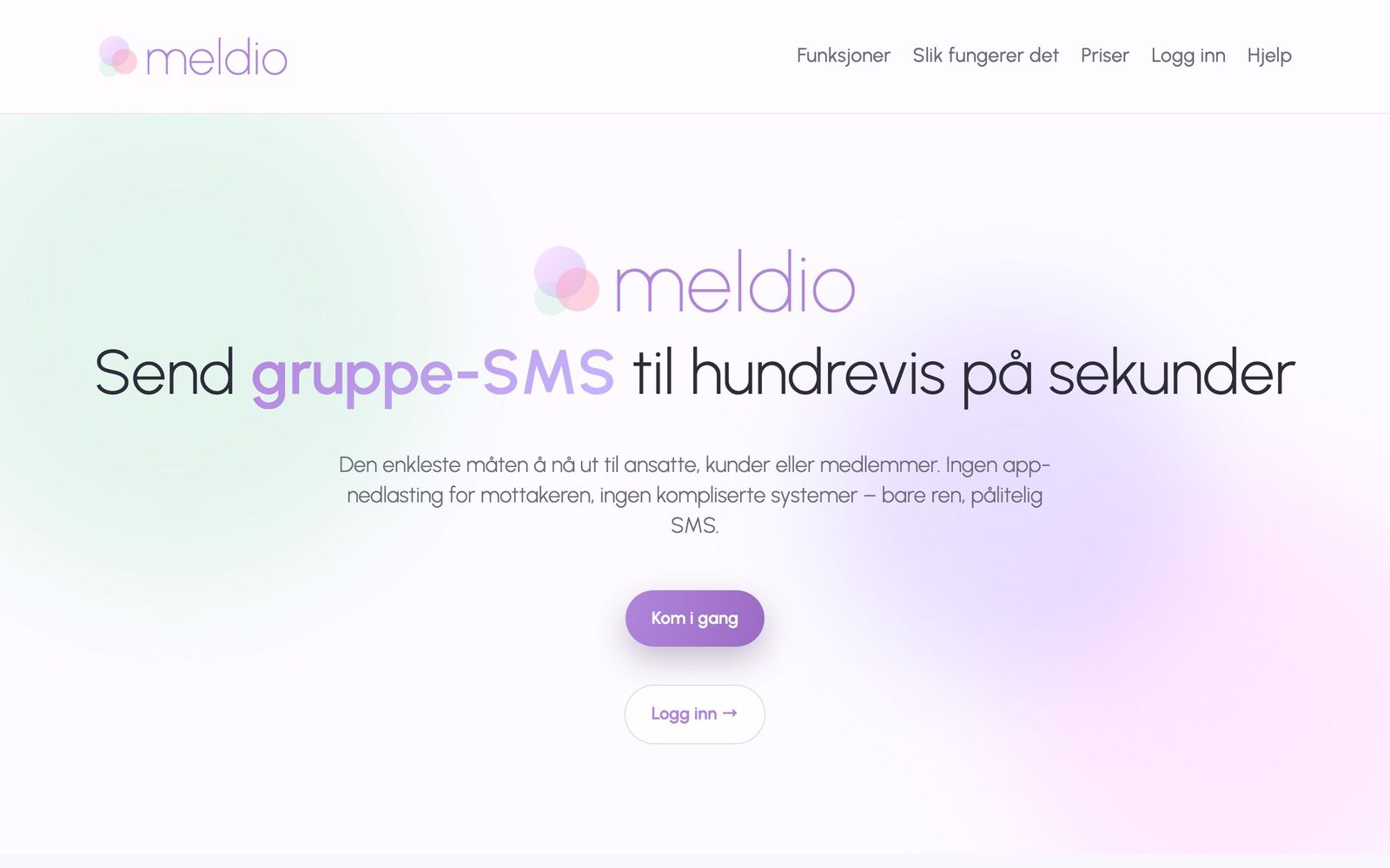 Forsiden til Meldio, gruppe-SMS for bedrifter, lag og foreninger